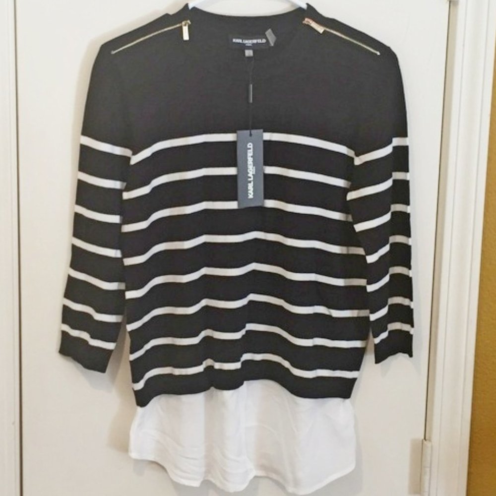 Karl Lagerfeld women's XS shoulder zip accessory 2-fer sweater w under shirt top